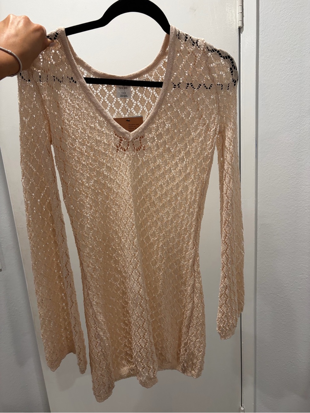 Shade & Shore Sheer Open-Knit V-Neck Long Sleeve Dress - Cream